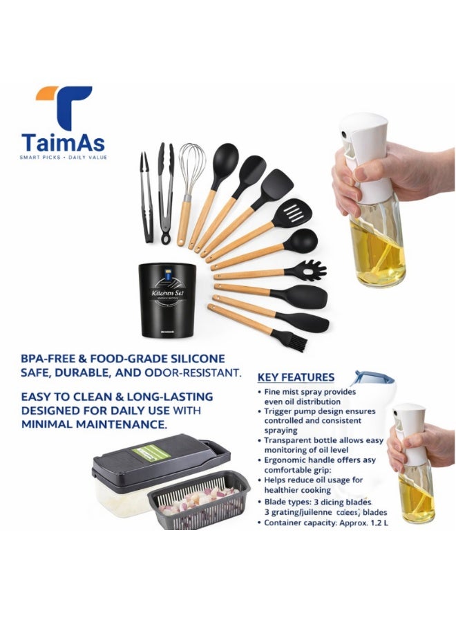 TaimAs Kitchen Bundle Set – 16-in-1 Vegetable Chopper & Slicer + 12-Piece Silicone Kitchen Utensil Set + Oil Spray Bottle - Image 2